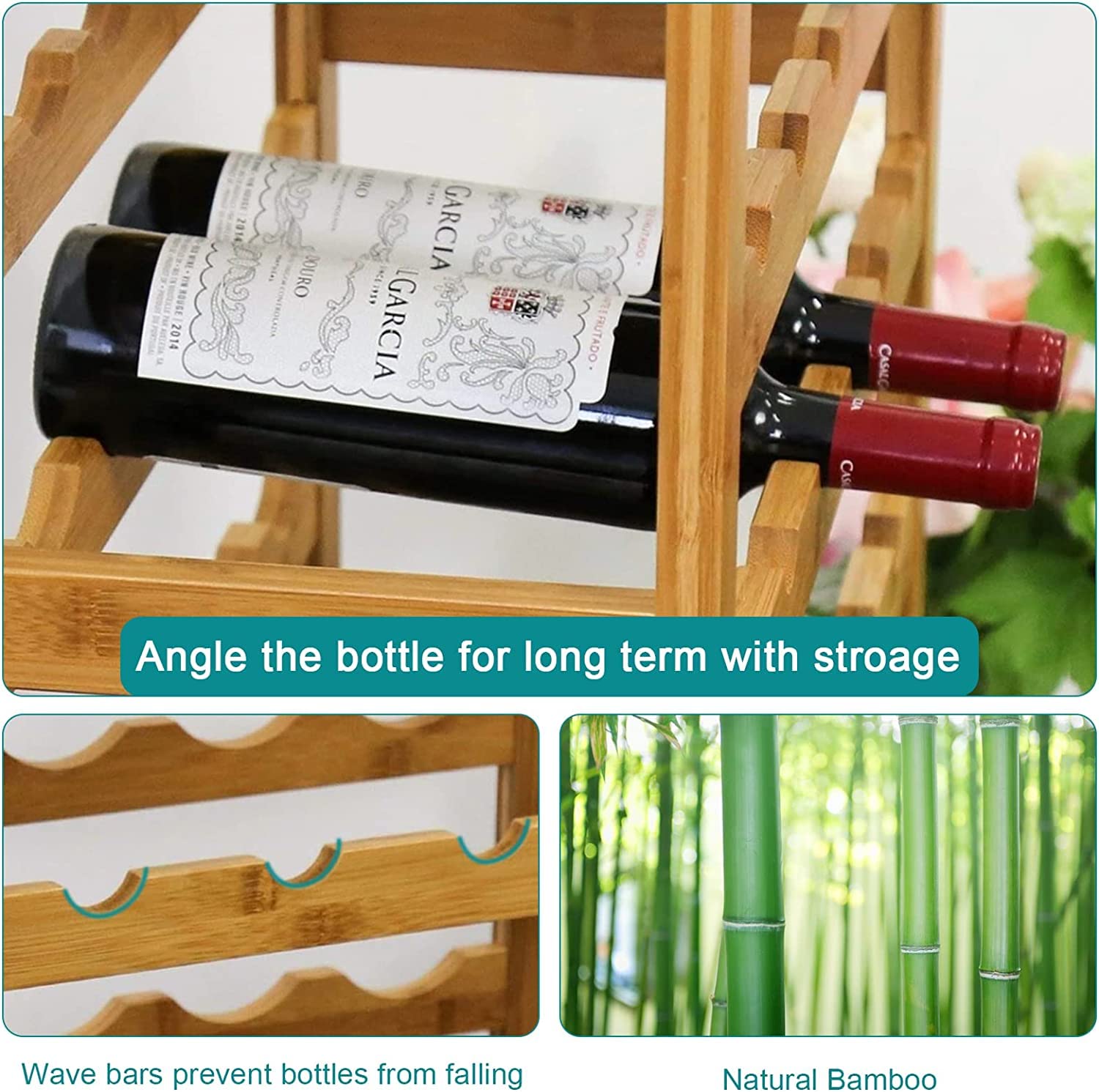 KINTNESS 36 Bottle Bamboo Wine Rack, FreeStanding Display Storage Rack Wine Display Shelf w/Countertop