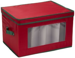 household essentials stemware storage box with lid and handles | champagne glasses | red canvas with green trim