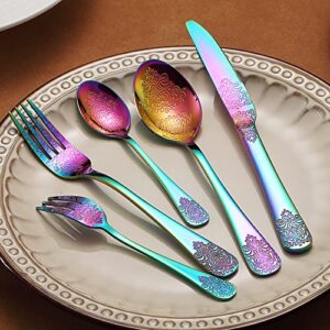 20 Pcs rainbow Silverware Set, Flatware Cutlery Set, Stainless Steel Tableware Eating Utensils, Colorful Silverware Set for 4, Knives Spoons Forks, Mirror Finish and Dishwasher Safe,Flower handle