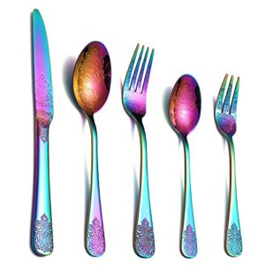 20 pcs rainbow silverware set, flatware cutlery set, stainless steel tableware eating utensils, colorful silverware set for 4, knives spoons forks, mirror finish and dishwasher safe,flower handle