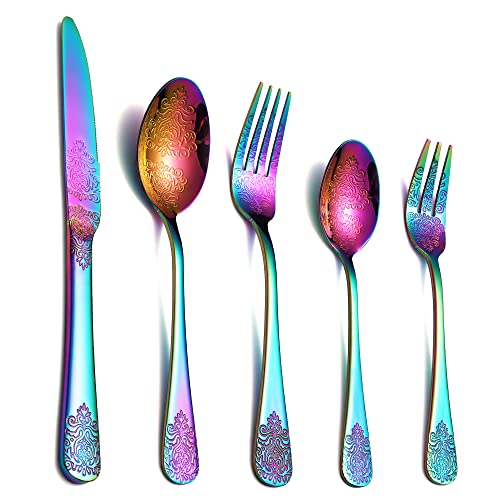 20 Pcs rainbow Silverware Set, Flatware Cutlery Set, Stainless Steel Tableware Eating Utensils, Colorful Silverware Set for 4, Knives Spoons Forks, Mirror Finish and Dishwasher Safe,Flower handle