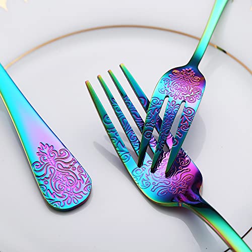 20 Pcs rainbow Silverware Set, Flatware Cutlery Set, Stainless Steel Tableware Eating Utensils, Colorful Silverware Set for 4, Knives Spoons Forks, Mirror Finish and Dishwasher Safe,Flower handle