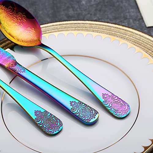 20 Pcs rainbow Silverware Set, Flatware Cutlery Set, Stainless Steel Tableware Eating Utensils, Colorful Silverware Set for 4, Knives Spoons Forks, Mirror Finish and Dishwasher Safe,Flower handle