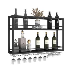 industrial wall mounted wine rack, 2-tier wood wine bottle shelf with stemware rack, black wine glass rack multi functional wine storage display rack for home bar dining room kitchen (39.3×7.8×26in)