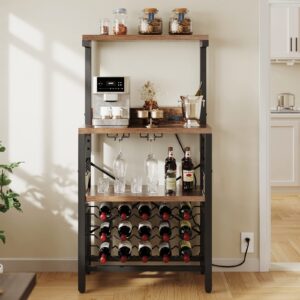 yitahome small kitchen microwave bakers stand wine rack, wine rack freestanding floor, coffee bar storage with power outlet for liquor thicken shelf farmhouse dining room, rustic brown