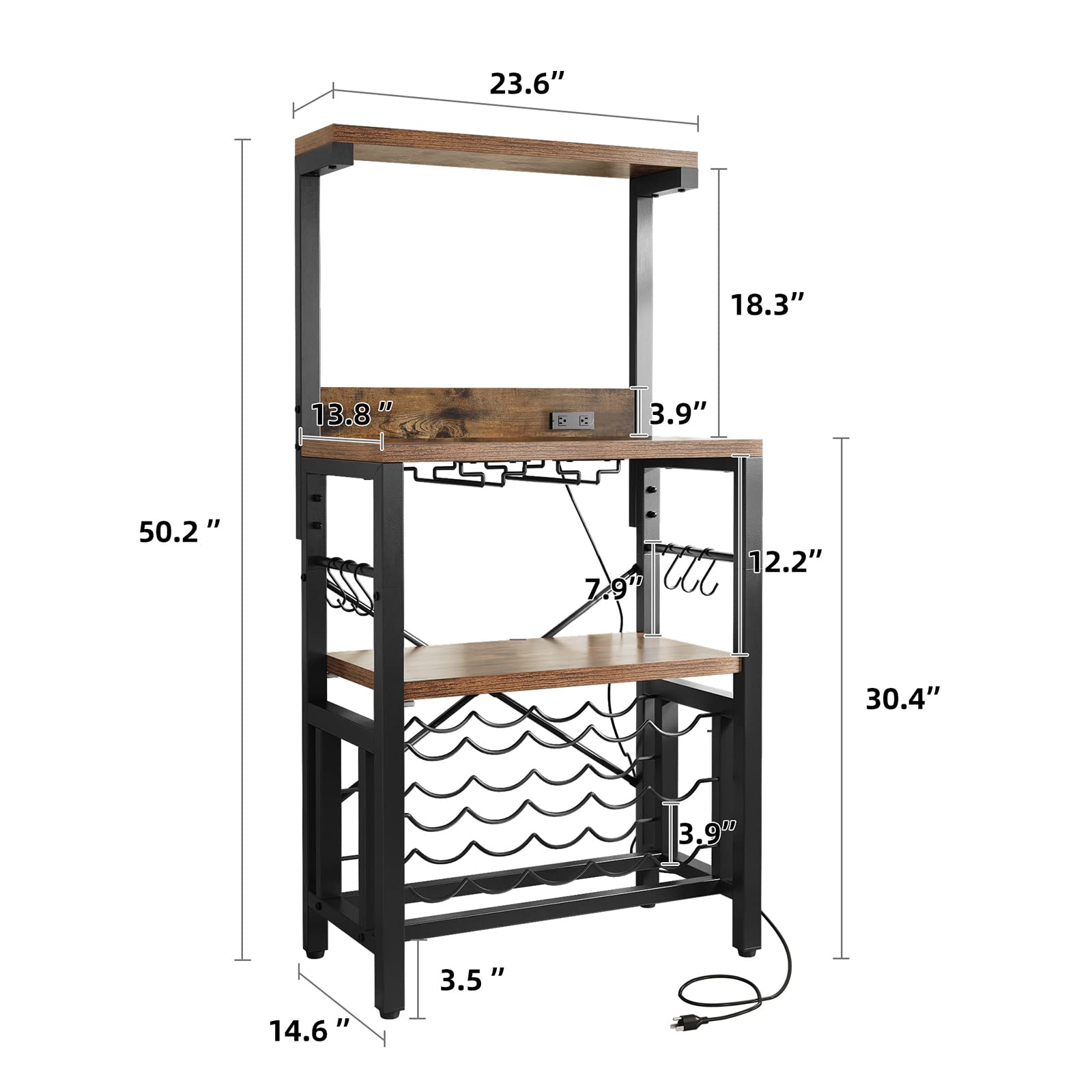 YITAHOME Small Kitchen Microwave Bakers Stand Wine Rack, Wine Rack Freestanding Floor, Coffee Bar Storage with Power Outlet for Liquor Thicken Shelf Farmhouse Dining Room, Rustic Brown