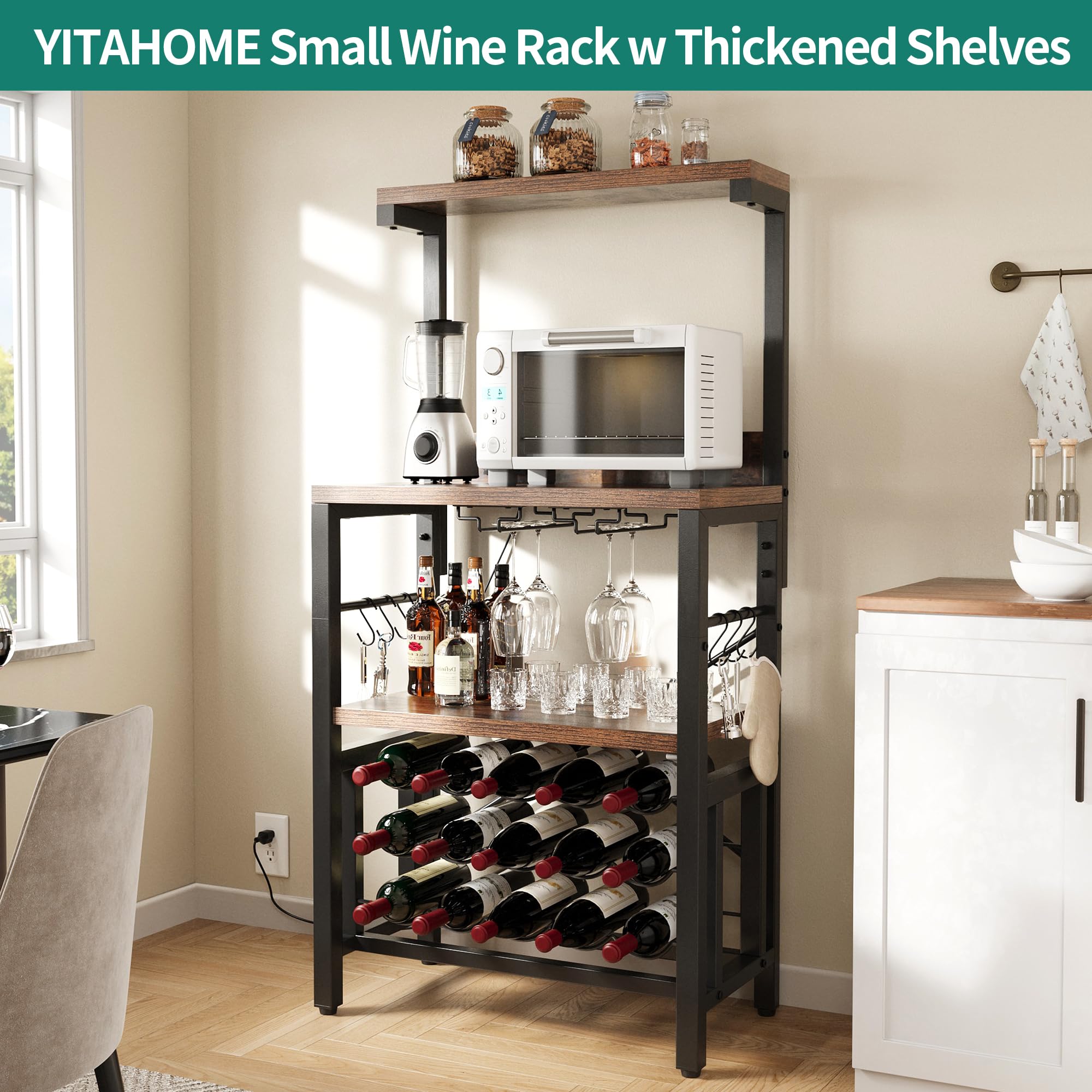 YITAHOME Small Kitchen Microwave Bakers Stand Wine Rack, Wine Rack Freestanding Floor, Coffee Bar Storage with Power Outlet for Liquor Thicken Shelf Farmhouse Dining Room, Rustic Brown