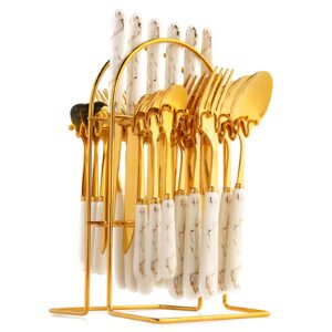 24 piece set gilded metal flatware set,with ceramic handle service for 6,cutlery kitchen utensil set tableware,steaks knife/fork/spoon/coffee spoon combination tableware,with hanging caddy(white)
