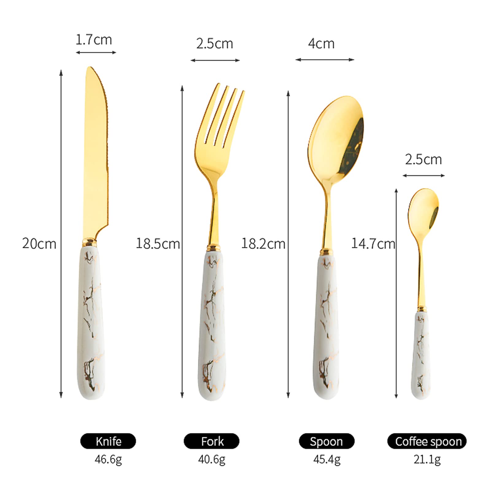 24 Piece Set Gilded Metal Flatware Set,with Ceramic Handle Service for 6,Cutlery Kitchen Utensil Set Tableware,Steaks Knife/Fork/Spoon/Coffee Spoon Combination Tableware,with Hanging Caddy(White)