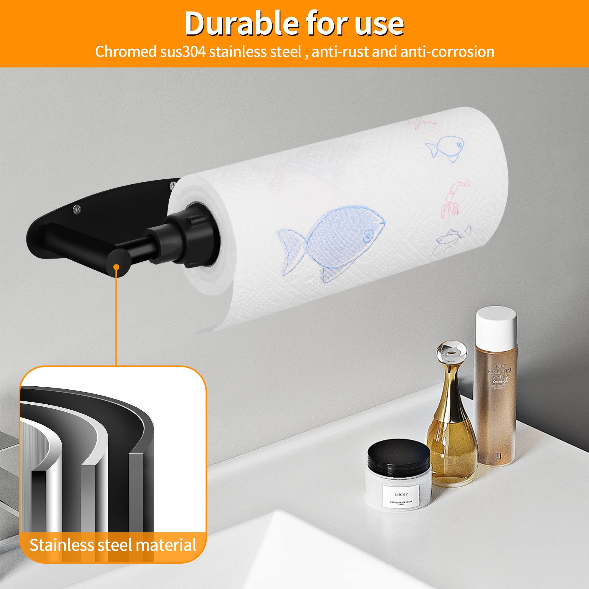 Paper Towel Holder, Under Cabinet Paper Towel Holder, Paper Towel Stand with Damping Effect, Paper Towel Holder can be Self- Adhesive or Drilled for Kitchen, Bathroom.