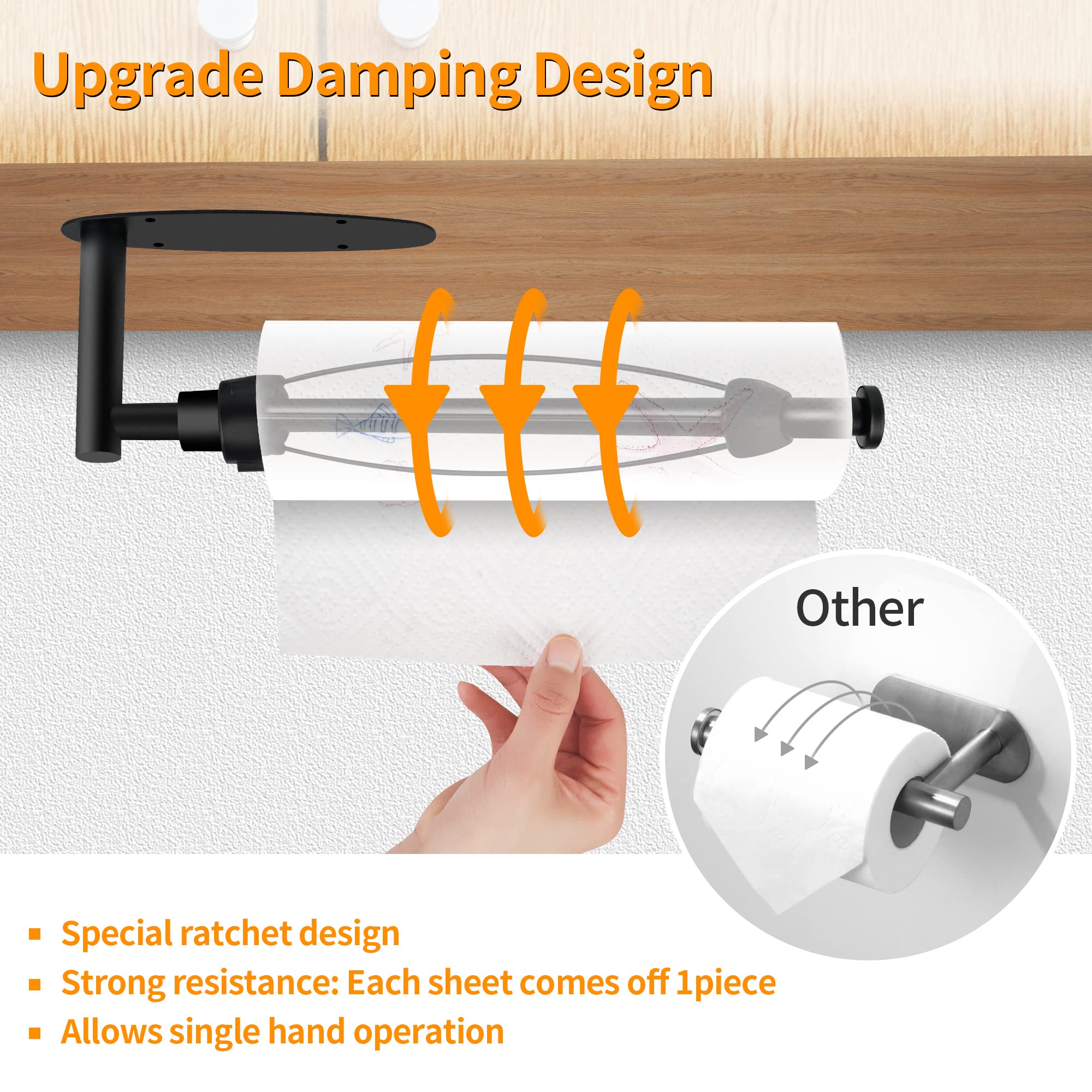 Paper Towel Holder, Under Cabinet Paper Towel Holder, Paper Towel Stand with Damping Effect, Paper Towel Holder can be Self- Adhesive or Drilled for Kitchen, Bathroom.