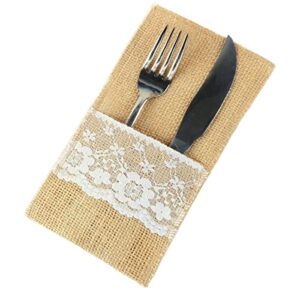 fqtanju 10 pcs 4"x8.5" hessian burlap lace wedding cutlery holder pouch rustic decorations favor (10 pcs) (10 pcs natural color)