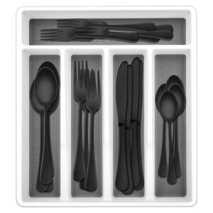 herogo 30-piece matte black silverware set with drawer organizer, stainless steel flatware cutlery set for 6, modern tableware eating utensils set with tray, dishwasher safe, satin finish