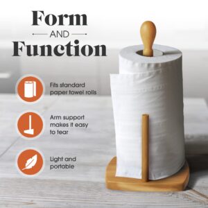 American Atelier Wooden Paper Towel Holder | Made from Acacia Wood | Paper Towel Stand with Arm and Non-Slip Base | Kitchen Standard Roll Dispenser | Measures 5.9” x 13.8”