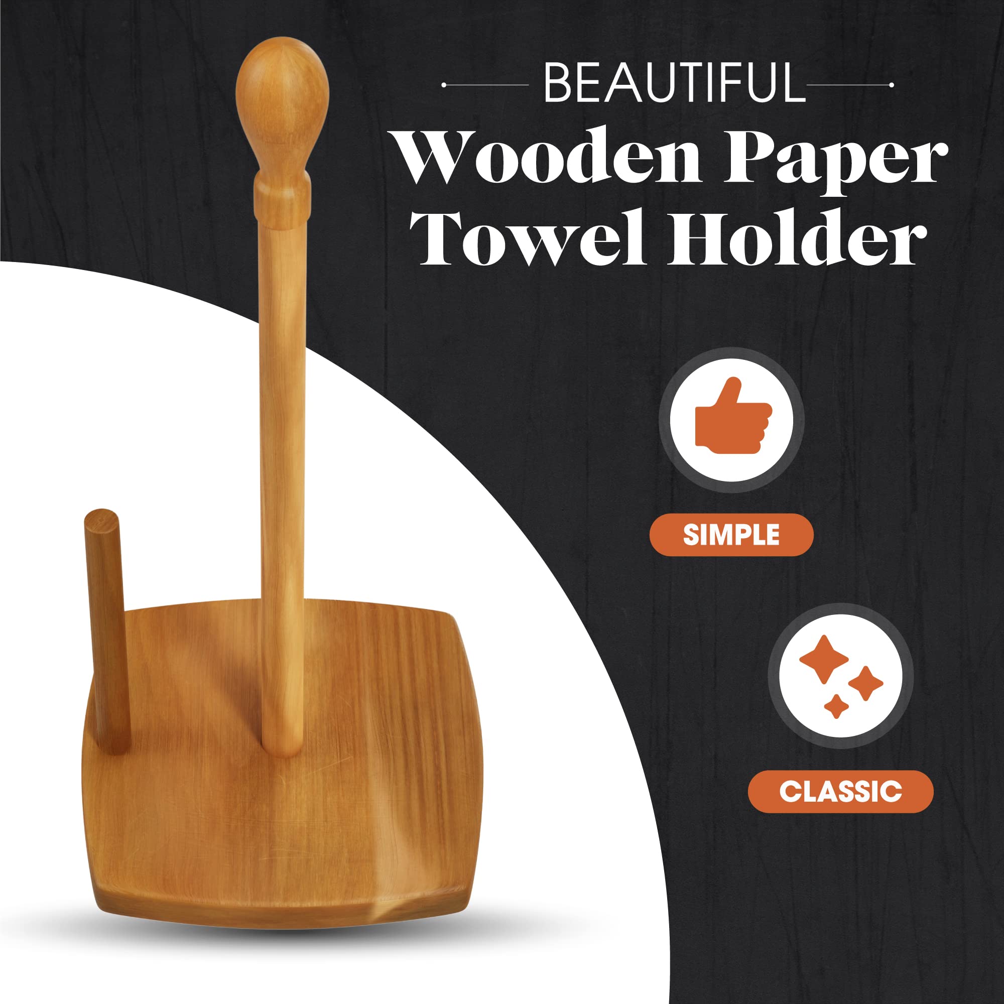 American Atelier Wooden Paper Towel Holder | Made from Acacia Wood | Paper Towel Stand with Arm and Non-Slip Base | Kitchen Standard Roll Dispenser | Measures 5.9” x 13.8”