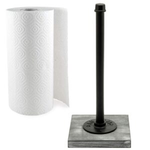 mygift industrial pipe metal kitchen countertop paper towel roll stand holder with rustic gray solid wood base