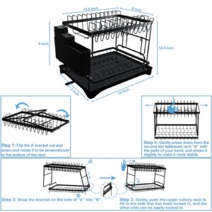 THEYFIRST Dish Drying Rack,Drying Rack for Kitchen Counter,Multi-Function Dish Racks for Kitchen Counter with Utensil Holder,Cutting Board Holder, Knife Rack,Cup Holder (Black-16.53*11.41*10.23'')