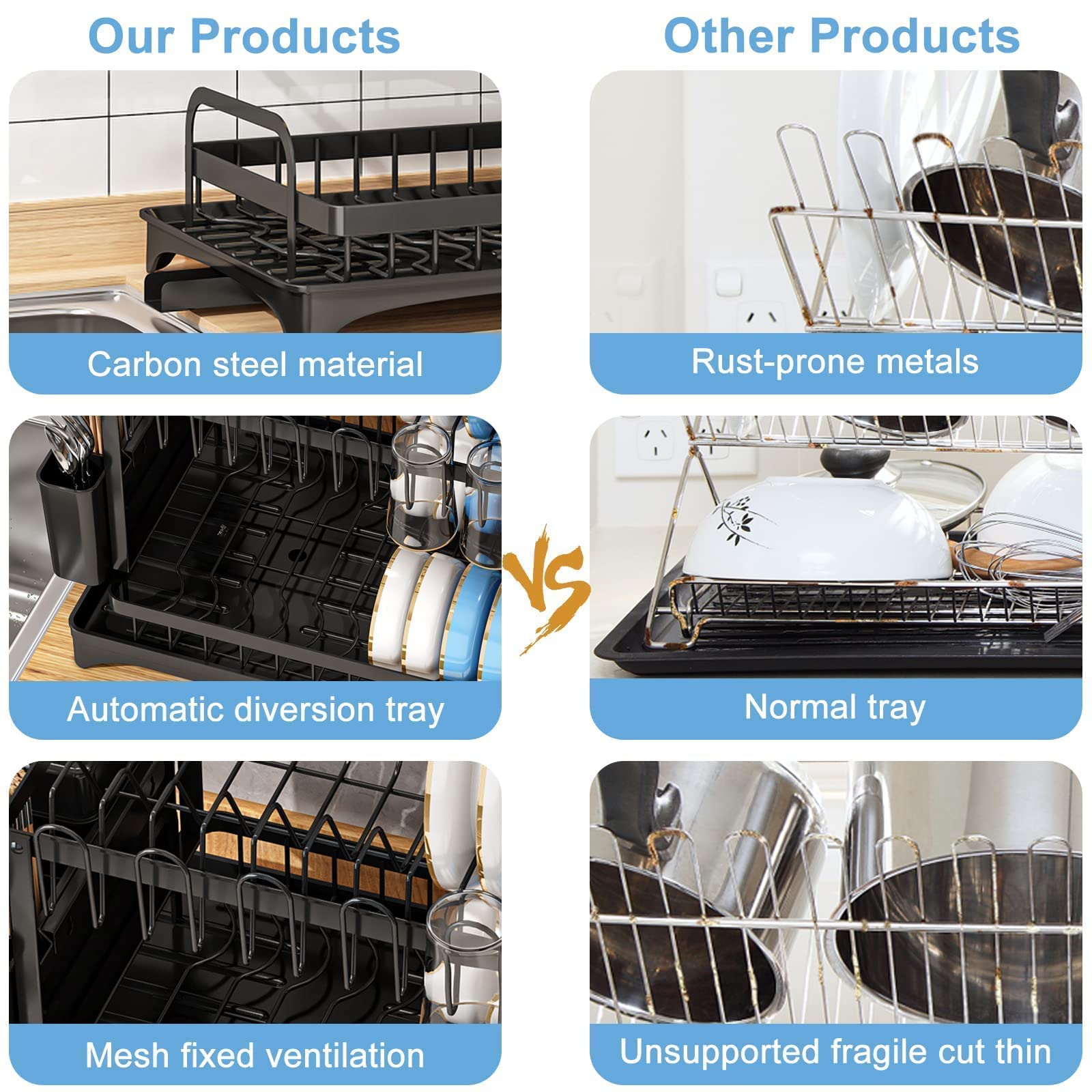 THEYFIRST Dish Drying Rack,Drying Rack for Kitchen Counter,Multi-Function Dish Racks for Kitchen Counter with Utensil Holder,Cutting Board Holder, Knife Rack,Cup Holder (Black-16.53*11.41*10.23'')