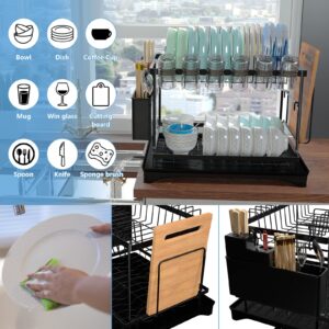 THEYFIRST Dish Drying Rack,Drying Rack for Kitchen Counter,Multi-Function Dish Racks for Kitchen Counter with Utensil Holder,Cutting Board Holder, Knife Rack,Cup Holder (Black-16.53*11.41*10.23'')