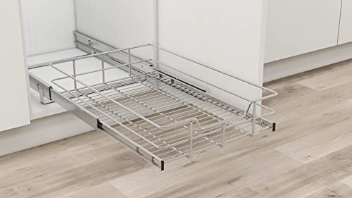 Pull Out Cabinet Organizer - Slide Out Under Cabinet Basket for Kitchen, Bathroom, Pantry Heavy Duty Slide Out Shelves, Requires At Least 15” Cabinet Opening (14.6W x 22D x 5.5H inch, Chrome)