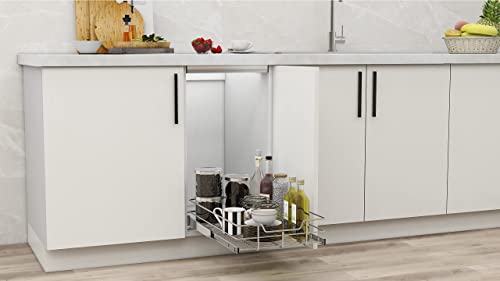 Pull Out Cabinet Organizer - Slide Out Under Cabinet Basket for Kitchen, Bathroom, Pantry Heavy Duty Slide Out Shelves, Requires At Least 15” Cabinet Opening (14.6W x 22D x 5.5H inch, Chrome)