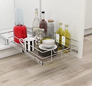 Pull Out Cabinet Organizer - Slide Out Under Cabinet Basket for Kitchen, Bathroom, Pantry Heavy Duty Slide Out Shelves, Requires At Least 15” Cabinet Opening (14.6W x 22D x 5.5H inch, Chrome)