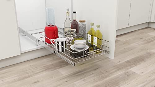 Pull Out Cabinet Organizer - Slide Out Under Cabinet Basket for Kitchen, Bathroom, Pantry Heavy Duty Slide Out Shelves, Requires At Least 15” Cabinet Opening (14.6W x 22D x 5.5H inch, Chrome)