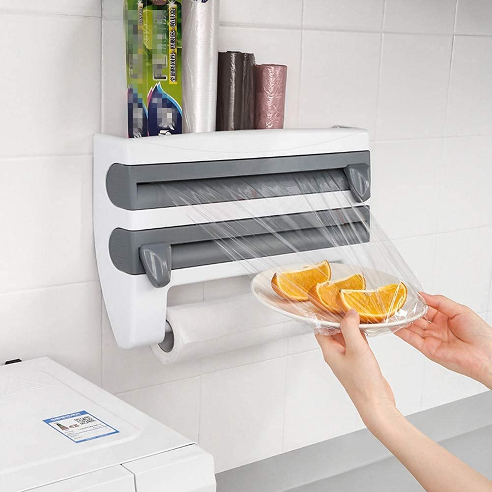 Multifunctional Storage Cutting Rack,4-in-1 Wall-Mount Sauce Bottle Storage Holder, Multi-Function Kitchen Plastic Wrap Cling Film Foil Dispenser with Spice Rack, Household Kitchen Tool Rack