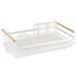 mdesign modern metal kitchen dish drainer drying rack with plastic cutlery tray, drainboard, and natural wood handles - drip drain storage for sink or countertop - matte white/frost