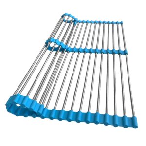 total rack multipurpose kitchen rack expands 14" to 21", 14-inch-wide, collapsible dish drying rack and oven safe trivet, silicone and stainless-steel (blue)
