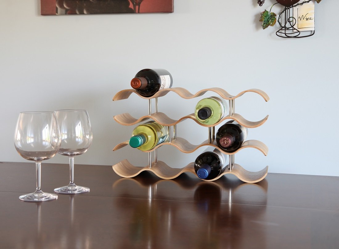 Lily's Home Countertop Wave Wine Rack, Wood, Elegant and Modern, Table Top Wine Storage (Oak, 14 Bottles)