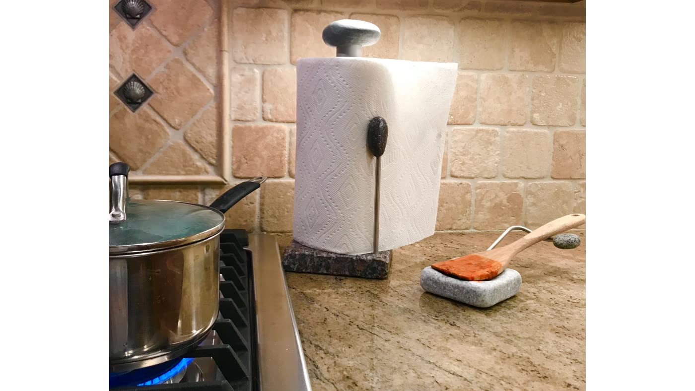 Premium Granite Paper Towel Holder - Free Standing Kitchen Paper Towel Roll Holders with Granite Base for Easy One Handed Use - Holds Standard or Jumbo-Sized Rolls (Each Holder is Unique) Made in USA