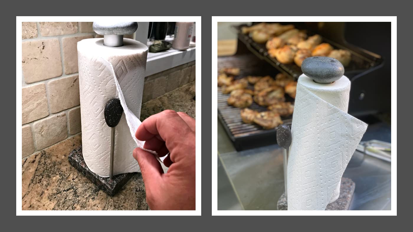 Premium Granite Paper Towel Holder - Free Standing Kitchen Paper Towel Roll Holders with Granite Base for Easy One Handed Use - Holds Standard or Jumbo-Sized Rolls (Each Holder is Unique) Made in USA