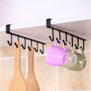 6-Hook Adhesive Mug Holder for Kitchen Cabinet/Kitchen Utensils/Brush/Cups,Fit for 0.8" Thickness Shelf or Less(2pcs Black)