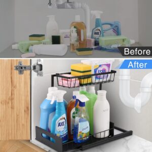 Aoche Under Sink Organizer, 2-Tier Metal Under Cabinet Organizer Pull Out Bathroom Organizer L Shape Undersink Organizers and storage for Kitchen Bathroom Storage Home Organization