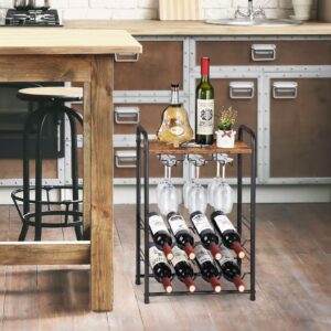 MOOACE Wood Wine Rack, Countertop Wine Storage Stand, Hold 8 Wine Bottles and 6 Glasses, Freestanding Wine Holder Stand for Kitchen, Pantry, Cellar, Bar