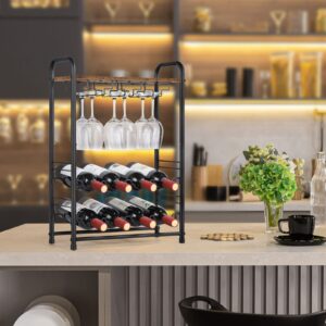 MOOACE Wood Wine Rack, Countertop Wine Storage Stand, Hold 8 Wine Bottles and 6 Glasses, Freestanding Wine Holder Stand for Kitchen, Pantry, Cellar, Bar