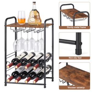 MOOACE Wood Wine Rack, Countertop Wine Storage Stand, Hold 8 Wine Bottles and 6 Glasses, Freestanding Wine Holder Stand for Kitchen, Pantry, Cellar, Bar
