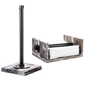 mygift torched wood and industrial metal paper towel and napkin holder set, countertop paper towel holder and flat napkin holder with weighted arm