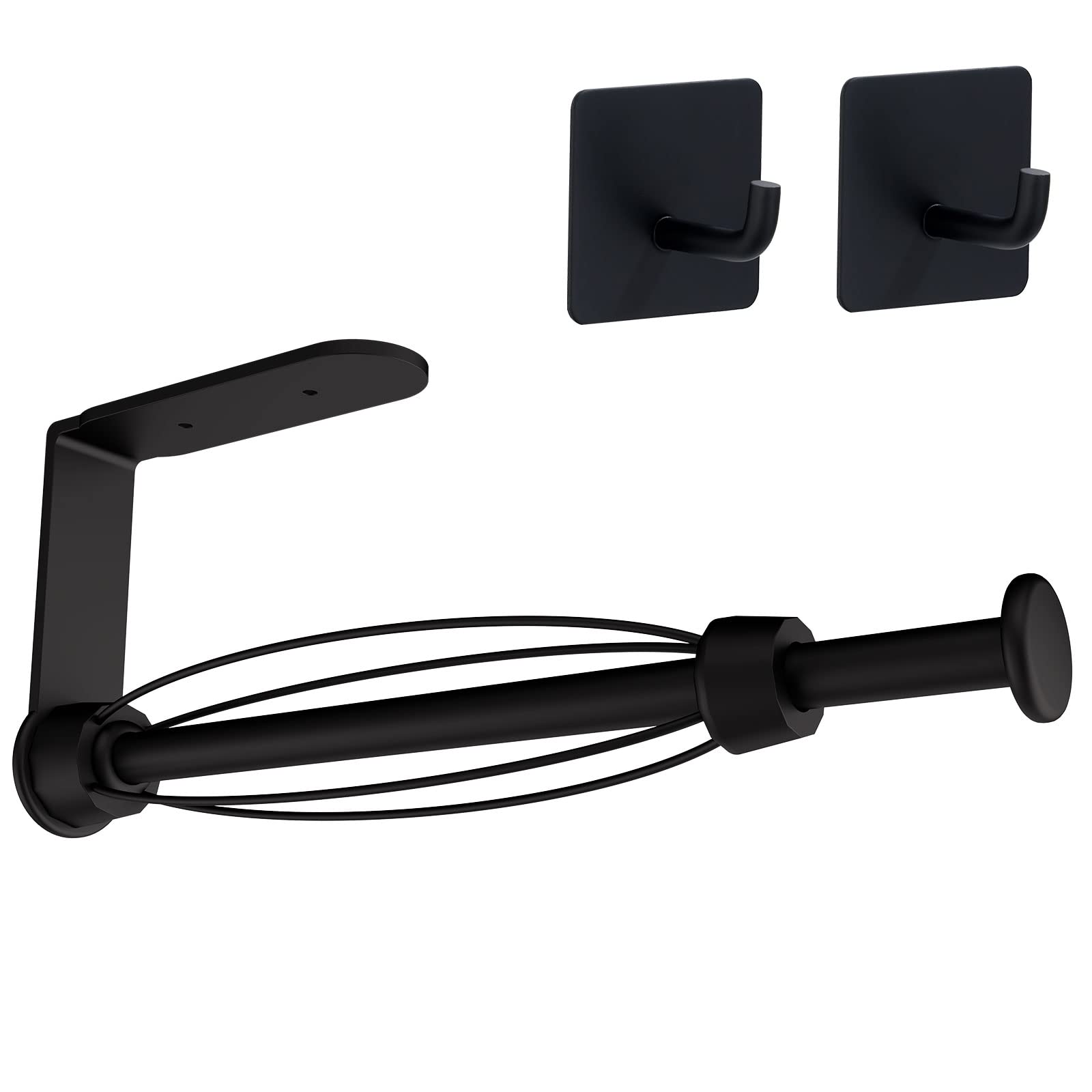 TNXSYBJ Under Cabinet Paper Towel Holder with 2 Adhesive Towel Hooks, Stainless Steel Black Paper Towel Holder Wall Mount, One Hand Operable paper towel holder With Damping Effect For Bathroom Kitchen