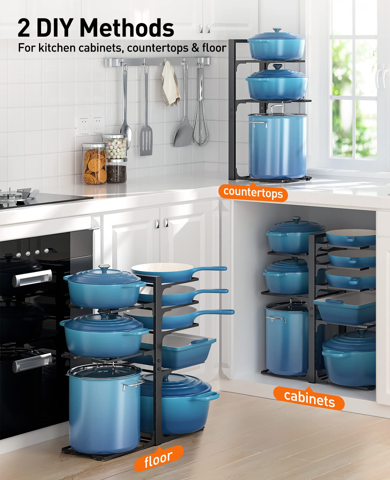 ORDORA Pots and Pans Organizer for Cabinet, 8 Tier Pot Rack with 3 DIY Methods Pots and Pans Organizer: under Cabinet, 21" Height