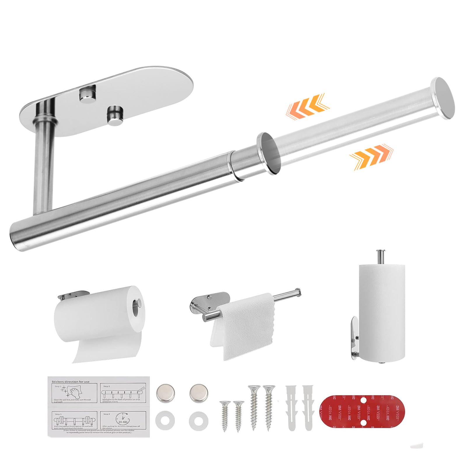 Adjustable Paper Towel Holder,Under Cabinet Paper Towel Rack for Kitchen,Toilet Paper Holder,Wall Mount,Towel Rack, Stainless Steel Multipurpose Self Adhesive or Screw Drilling