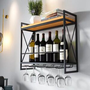fhesap industrial wine rack wall mounted, wall wine rack, hanging wine rack, wall wine racks for wine bottles, wine rack with glass holder, metal bar rack, 2 tier wood rack with 5 goblet holders