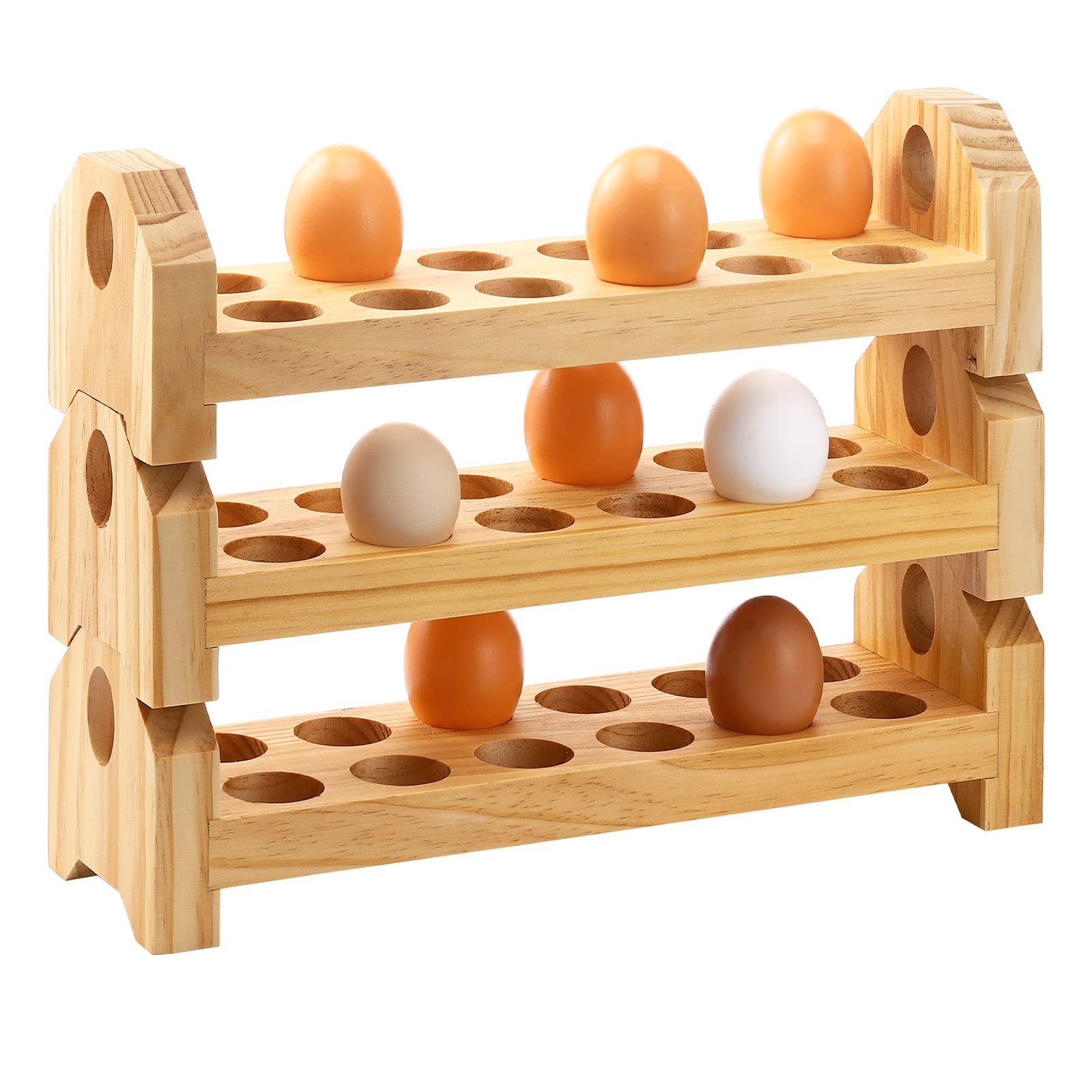 Rtteri 3 Pcs Wooden Egg Holder Countertop Stackable Egg Basket for Collecting Eggs 36 Egg Holes Farmhouse Rustic Fresh Egg Tray Rack Deviled Egg Storage for Kitchen Refrigerator, 14x3.9x3.9 Inch