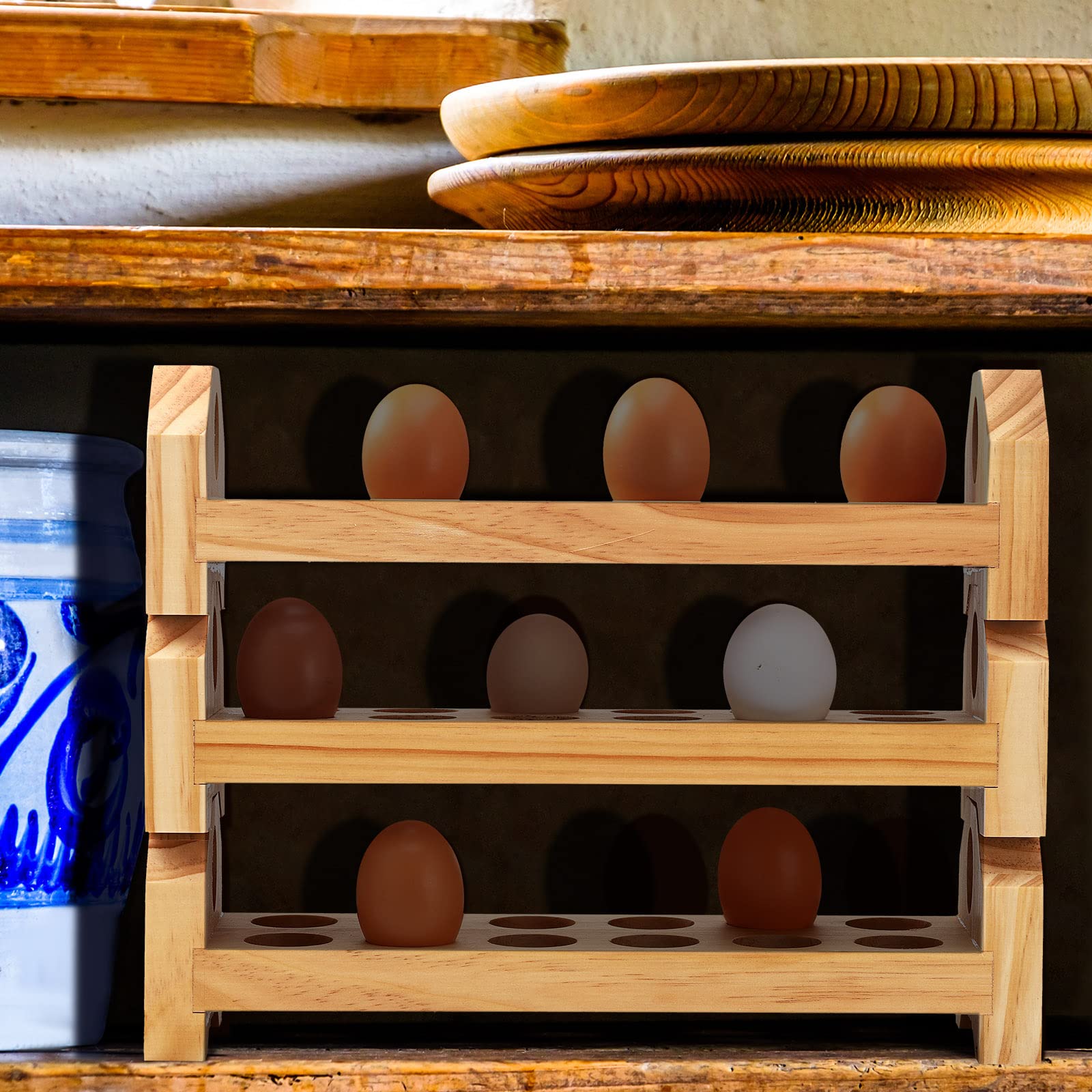 Rtteri 3 Pcs Wooden Egg Holder Countertop Stackable Egg Basket for Collecting Eggs 36 Egg Holes Farmhouse Rustic Fresh Egg Tray Rack Deviled Egg Storage for Kitchen Refrigerator, 14x3.9x3.9 Inch