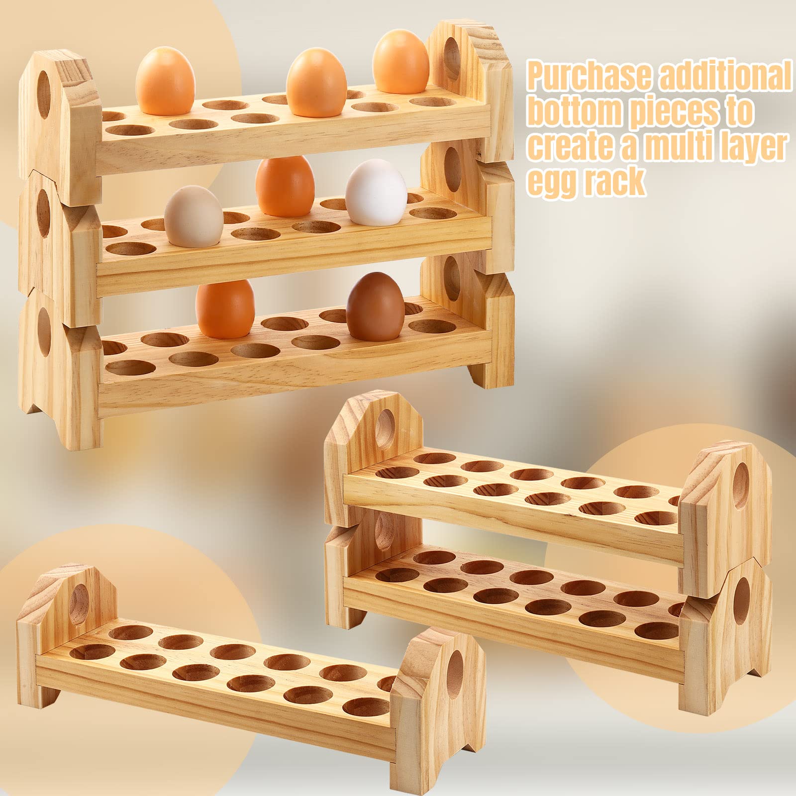 Rtteri 3 Pcs Wooden Egg Holder Countertop Stackable Egg Basket for Collecting Eggs 36 Egg Holes Farmhouse Rustic Fresh Egg Tray Rack Deviled Egg Storage for Kitchen Refrigerator, 14x3.9x3.9 Inch