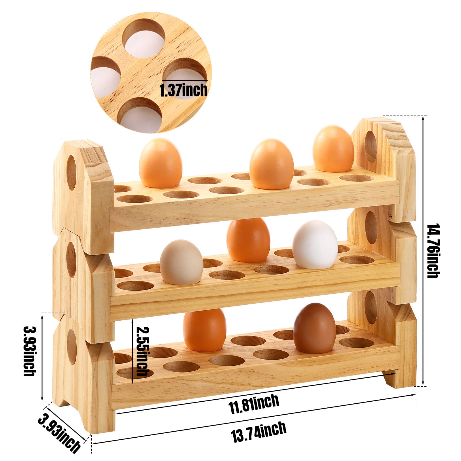 Rtteri 3 Pcs Wooden Egg Holder Countertop Stackable Egg Basket for Collecting Eggs 36 Egg Holes Farmhouse Rustic Fresh Egg Tray Rack Deviled Egg Storage for Kitchen Refrigerator, 14x3.9x3.9 Inch