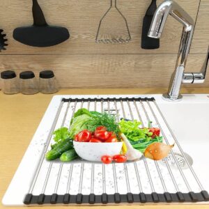 AMZALIBA Roll up Over The Sink Dish Drying Rack Portable Stainless Steel Rolling Rack Kitchen Rolling Dish Drainer Foldable Dish Drying Rack for Kitchen Sink Counter (17.7''X11.8'')