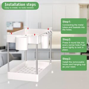 2 Pack Under Sink Organizer- Stackable 2 Tier Bathroom Storage Organizers and Storage with Hanging Cup and Hooks, White Under Sink Shelf Rack for Bathroom Kitchen Countertop Office Cabinets,White