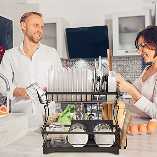 Large Dish Drying Rack with Drainboard Set, 2 Tiers Detachable Dish Racks for Kitchen Counter with Adjustable Swivel Drainage, Dish Drainer Dishwasher Rack with Cup Holders, Dish Drying Mat